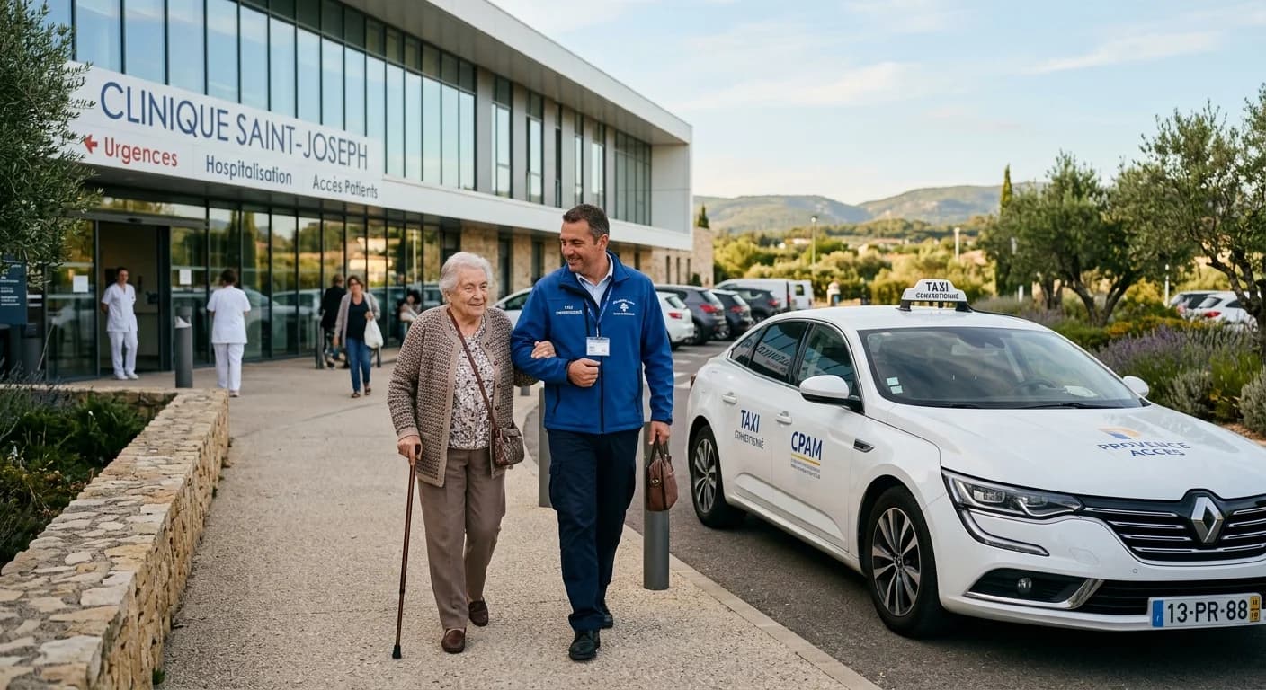 Chauffeur France Taxi accompagnant une patiente à la clinique en taxi conventionné CPAM